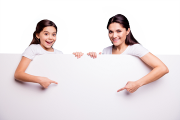 Close up photo two people brown haired mom little daughter toothy beaming smile blank signboard poster arms finger show white poster on sale discount wearing t-shirts isolated bright blue background