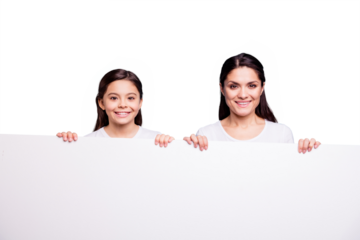 Close up photo pretty two people brown haired mum little daughter toothy beaming smile blank signboard poster in arms sale discount wearing white t-shirts isolated bright blue background