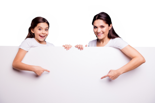 Close up photo two people brown haired mom little daughter toothy beaming smile blank signboard poster arms finger show white poster on sale discount wearing t-shirts isolated bright blue background