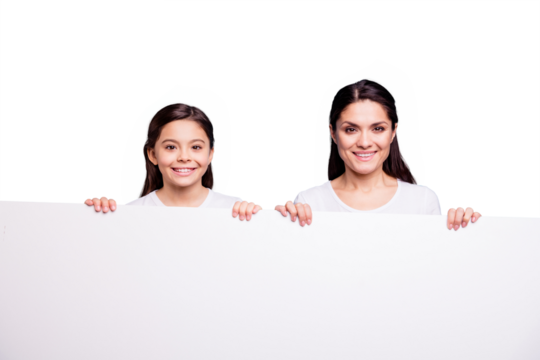 Close up photo pretty two people brown haired mum little daughter toothy beaming smile blank signboard poster in arms sale discount wearing white t-shirts isolated bright blue background