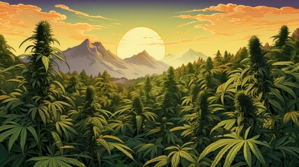 cannabis plantation outdoor field illustration - obrazy, fototapety, plakaty