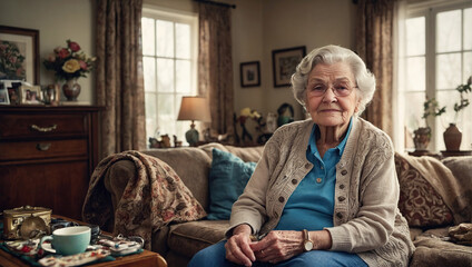 Happy elderly senior smile woman in nursing home.