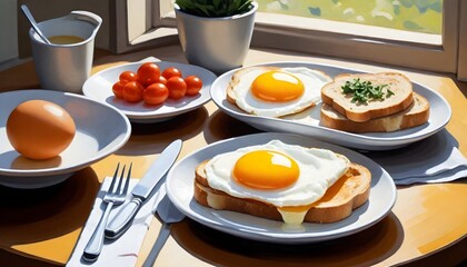 Healthy breakfast with fried and boiled eggs, crispy toasts and fresh cherry tomato