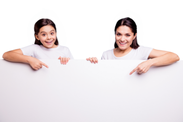 Close up photo beautiful two people brown haired mom little daughter finger point on signboard poster arms hold white poster sale discount wearing t-shirts isolated bright blue background