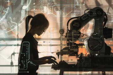 female engineer in her element, engrossed in fine-tuning a robotic machine with meticulous precision, her silhouette highlighted against a backdrop of technical schematics and circ - obrazy, fototapety, plakaty
