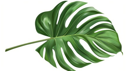 An exotic philodendron leaf with stem against a tropical jungle palm plant in a realistic style, surrounded by green monstera leaves on a white background.