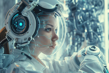 female engineer immersed in the world of robotic automation, with surreal elements integrated into the image to convey the complexity and sophistication of her work, against a clea