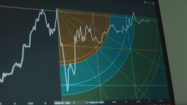 Bitcoin currency graph with lines on computer screen. Using Gann Square Fixed tool for graph analysis. Cryptocurrency and financial market values. Exchange concept.