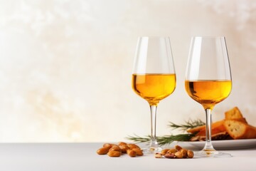 Two elegant glasses of white wine accompanied by almonds and biscuits, set on a minimalist table with a soft, neutral background. Minimalist Wine Tasting with Neutral Tones