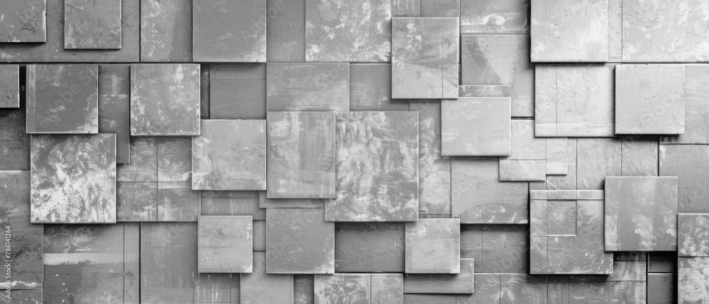 Poster Abstract geometric gray grey 3d texture concrete cement wall with squares and square cubes background banner, textured wallpaper