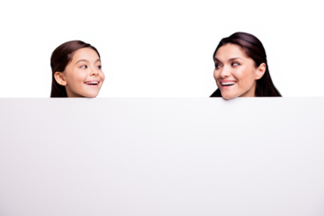 Close up photo beautiful two people brown haired mom little daughter amazing look at each other signboard poster gladly open mouth laugh laughter wearing t-shirts isolated bright blue background