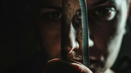 An image of a hand holding a large knife, with the victim's face reflected in the blade - obrazy, fototapety, plakaty