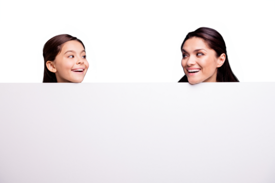Close up photo beautiful two people brown haired mom little daughter amazing look at each other signboard poster gladly open mouth laugh laughter wearing t-shirts isolated bright blue background
