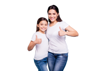 Close up photo beautiful two people brown haired mom little daughter show thumbs in air recommending hugging best friends look similar wearing white t-shirts isolated bright blue background