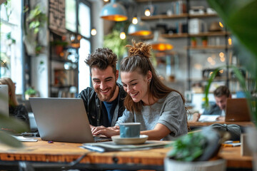 Young Couple Enjoying Coffee and Laptop at a Cafe - Powered by Adobe