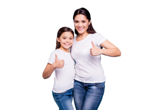 Close up photo beautiful two people brown haired mom little daughter show thumbs in air recommending hugging best friends look similar wearing white t-shirts isolated bright blue background - Powered by Adobe
