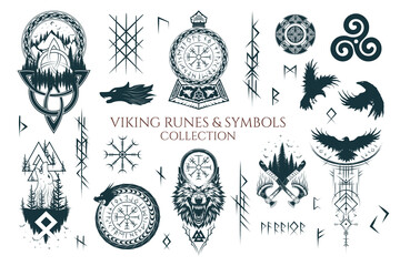 Viking runes and symbols collection. Hand drawn isolated set of pagan norse sign vegvisir, fenrir, yggdrasil, valknut, triquetra, triskele, Thor’s  hammer  and ravens. Scandinavian illustration for ta - obrazy, fototapety, plakaty