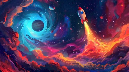 A captivating illustration showcasing a space-themed wallpaper featuring a charming cartoon rocket exploring a vibrant galaxy of swirling colors - obrazy, fototapety, plakaty