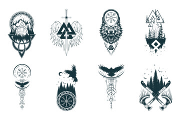 iking symbols collection. Isolated set of eight pagan norse sign vegvisir, triquetra, valknut, fenrir, viking axe, ravens and wings. Scandinavian vector illustration for tattoo, print, t-shirt design 