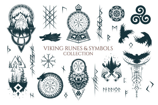 Viking runes and symbols collection. Hand drawn isolated set of pagan norse sign vegvisir, fenrir, yggdrasil, valknut, triquetra, triskele, Thor’s  hammer  and ravens. Scandinavian illustration for ta