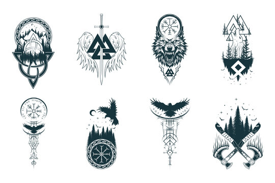 iking symbols collection. Isolated set of eight pagan norse sign vegvisir, triquetra, valknut, fenrir, viking axe, ravens and wings. Scandinavian vector illustration for tattoo, print, t-shirt design 