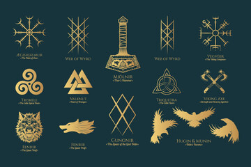 Viking symbols isolated set. Golden collection of scandinavian pagan norse sign vegvisir, fenrir, Thor's Hammer, etc. Magic warrior vector illustration for t-shirt design, print, cards and stickers. 