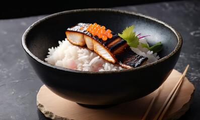 A glazed grilled eel with grill marks over white rice, garnished with pink pickled ginger, green shiso leaf, and orange fish roe, served in a black bowl