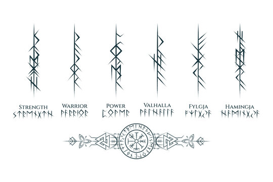 Viking runes and symbols collection. Hand drawn isolated set of pagan norse sign vegvisir, valknut, triquetra, runic circle. Gothic vector illustration for tattoo, print and web design
