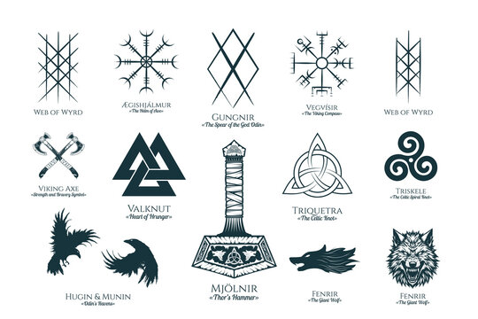 Viking symbols isolated set. Hand drawn collection of scandinavian pagan norse sign vegvisir, fenrir, Thor's Hammer, etc. Magic warrior vector illustration for t-shirt design, tattoo, print, cards