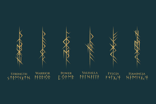 Viking runes golden collection. Hand drawn isolated set. Scandinavian vector illustration of Bindrunes.