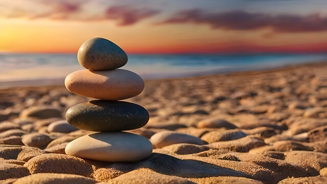 Stack of pebble stones on a beach under sunset sky, balance and harmony image concept