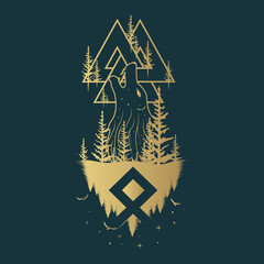Golden silhouettes  of Viking symbols and runes on a black background. Scandinavian celestial  vector illustration of the Wolf, valknut and trees for print, web and t-shirt design