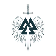 Celtic sword with wings and valknut. Image with Valkyrie  symbols. Scandinavian vector illustration for print, tattoo, stickers and web design