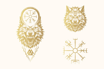 Golden Viking symbols illustration isolated on white background. Scandinavian vector image of the Wolf head, valknut and vegvisir for print, web and t-shirt design