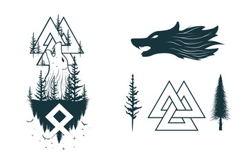 Viking symbols and runes isolated set. Scandinavian  vector illustration of the Wolf, valknut and trees for print, tattoo, web and t-shirt design