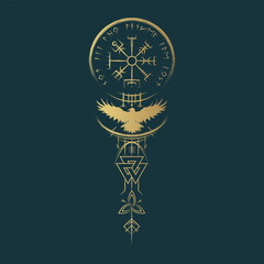 Golden Viking symbols: vegvisir, triquetra, valknut, raven and runes on black background. Vector illustration, pagan norse design.