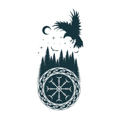 Celestial Viking symbols illustration. Scandinavian vector image of the raven, vegvisir  and celtic ornament for print, tattoo, web and t-shirt design