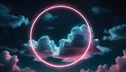 Obraz premium abstract cloud illuminated with neon light ring on dark night sky. Glowing geometric shape, round frame