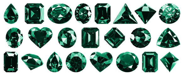 Illustration set of emerald jade celadon precious stones of different cuts. Popular low poly green gems cut set gradation. Circle, triangle, drop, heart, rhombus, square, oval. Decorative luxury real