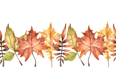 Seamless watercolor border with hand-drawn autumn leaves. Maple, birch, oak. Autumn, leaf fall.