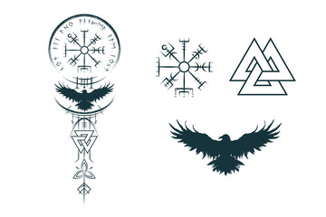 Viking symbols and runes isolated set. Scandinavian  vector illustration of vegvisir, triquetra, valknut and raven for print, tattoo, web and t-shirt design
