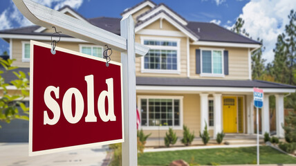 Fototapeta premium Home sold real estate sign and house