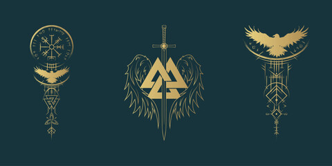 Fototapeta premium Golden Viking symbols: vegvisir, valknut, raven, sword and runes on black background. Three vector illustrations, pagan norse design