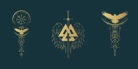 Gardinen Golden Viking symbols: vegvisir,  valknut, raven,  sword and runes on black background. Three vector illustrations, pagan norse design © Kirill