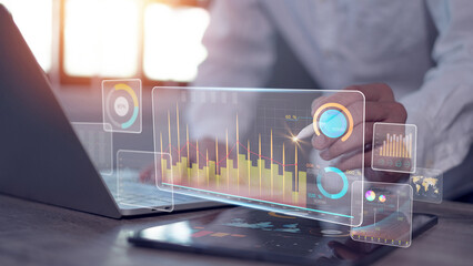 Business analytics, data and data management systems with KPIs and KPIs connected to databases for technology finance, operations, sales, marketing.