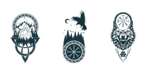 3 Scandinavian vector illustrations with Viking symbols isolated on white background. Hand drawn collection of pagan norse sign vegvisir, triquetra, valknut, fenrir & ravens for tattoo, print & design