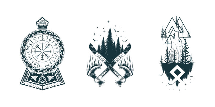 Scandinavian vector isolated illustrations with Viking symbols and runes. Hand drawn set of pagan norse sign Thor's hammer, vegvisir, crossed axes, valknut & fenrir for tattoo, print & t-shirt design