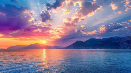 panoramic view of a beautiful colorful sunset over the sea with mountains. - obrazy, fototapety, plakaty