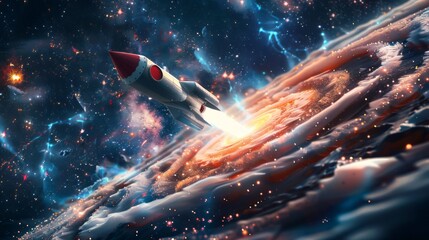 An imaginative depiction of a space-themed wallpaper featuring a delightful cartoon rocket flying amidst a captivating galaxy of swirling stars