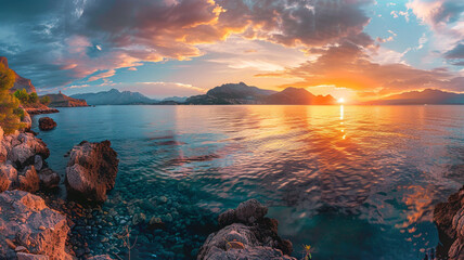 panoramic view of a beautiful colorful sunset over the sea with mountains. - obrazy, fototapety, plakaty